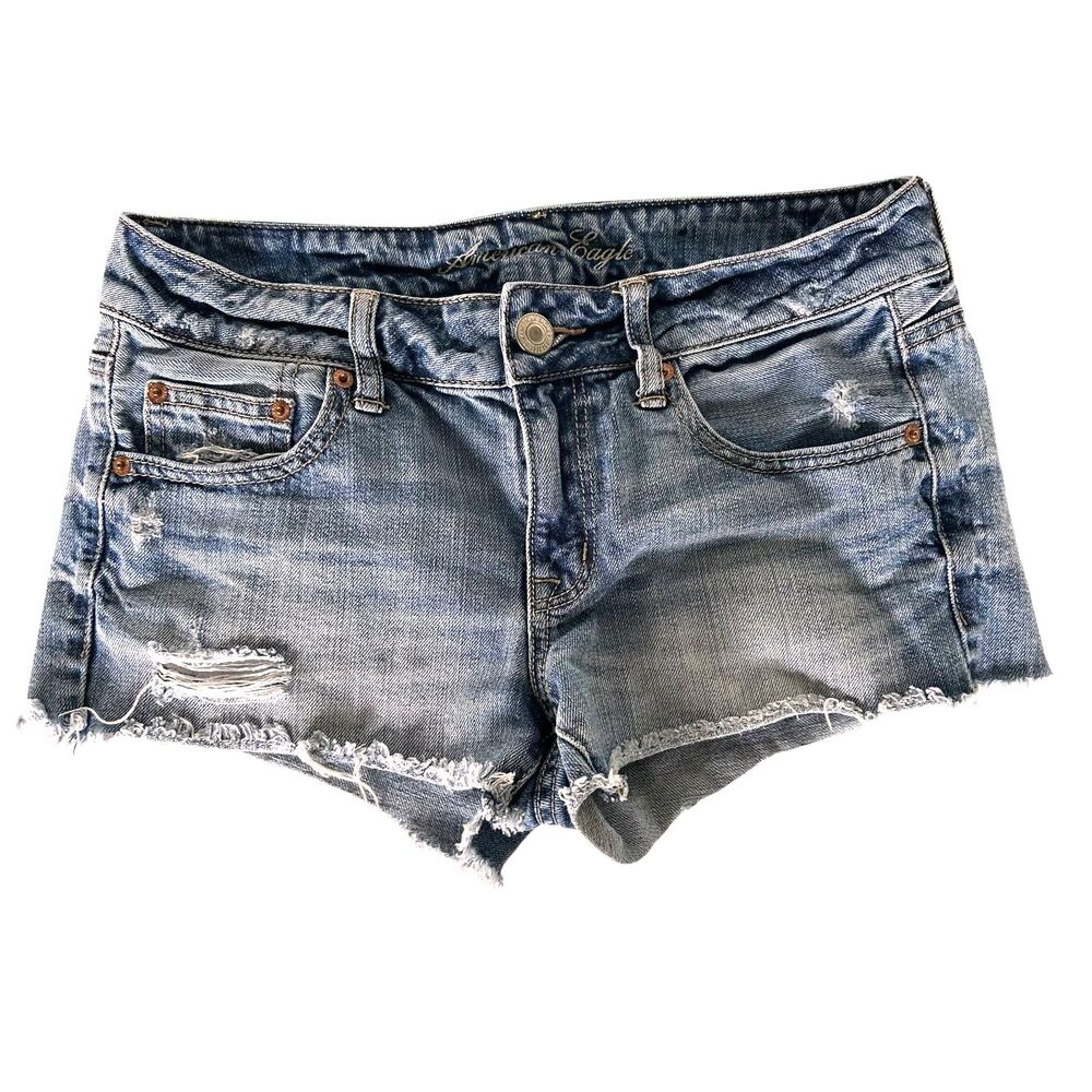 American Eagle Distressed Denim Cutoff Shorts Women’s Size 2 Low Rise Frayed Hem